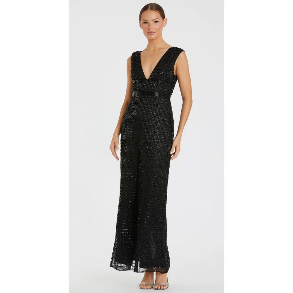 NWT Mac Duggal Beaded Cap Sleeve V Neck Column Gown, Black, 12, 598$